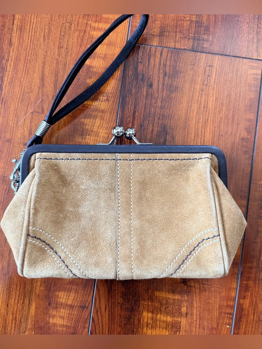 Coach Suede Kiss-Lock Clutch / Wristlet – Tan and Brown